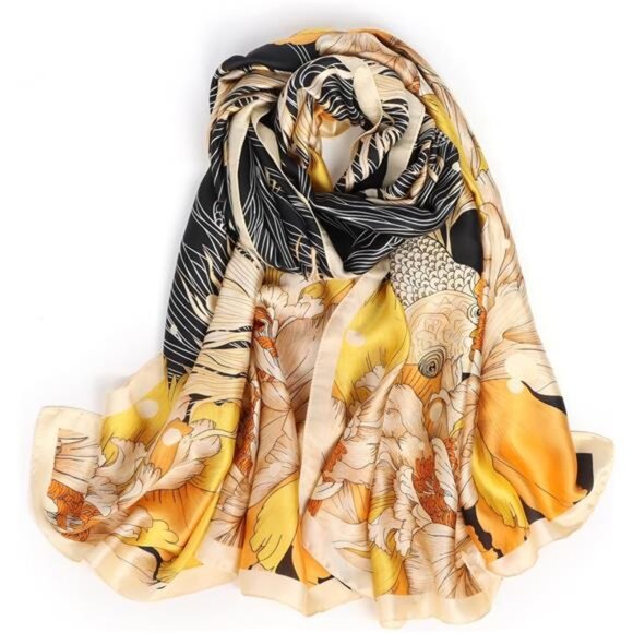 Silk Feeling Long Scarf Yellow Flower - Picture 1 of 7